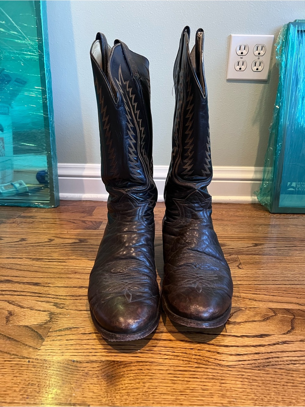 Tony Lama Brown Western Cowboy Boots with Zigzag Stitching
